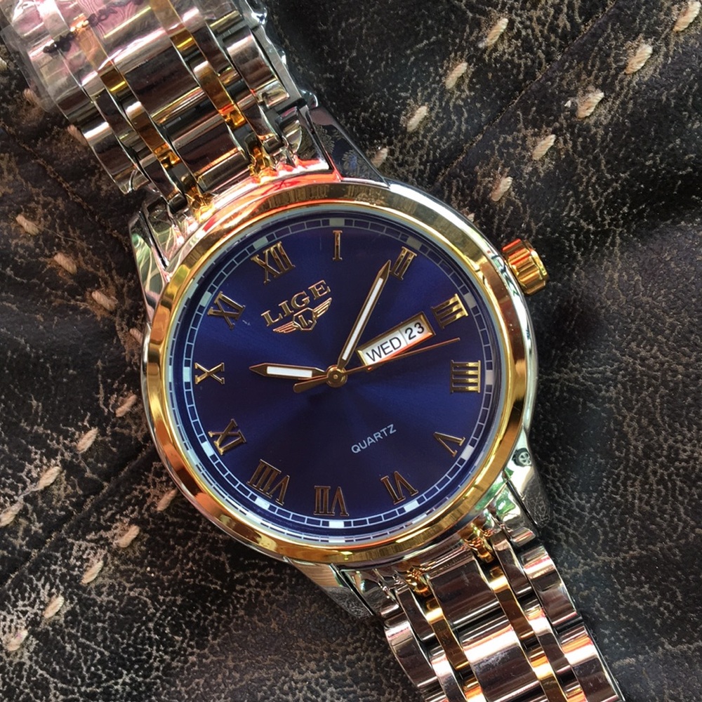 LIGE 1853 dream watch 42mm blue burst dial day date wristwatch NWOT